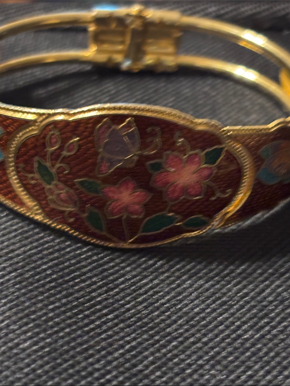 Gold-Tone Floral Cloisonné Hinged Bracelet in Brown Pink and Green - Picture 14 of 17